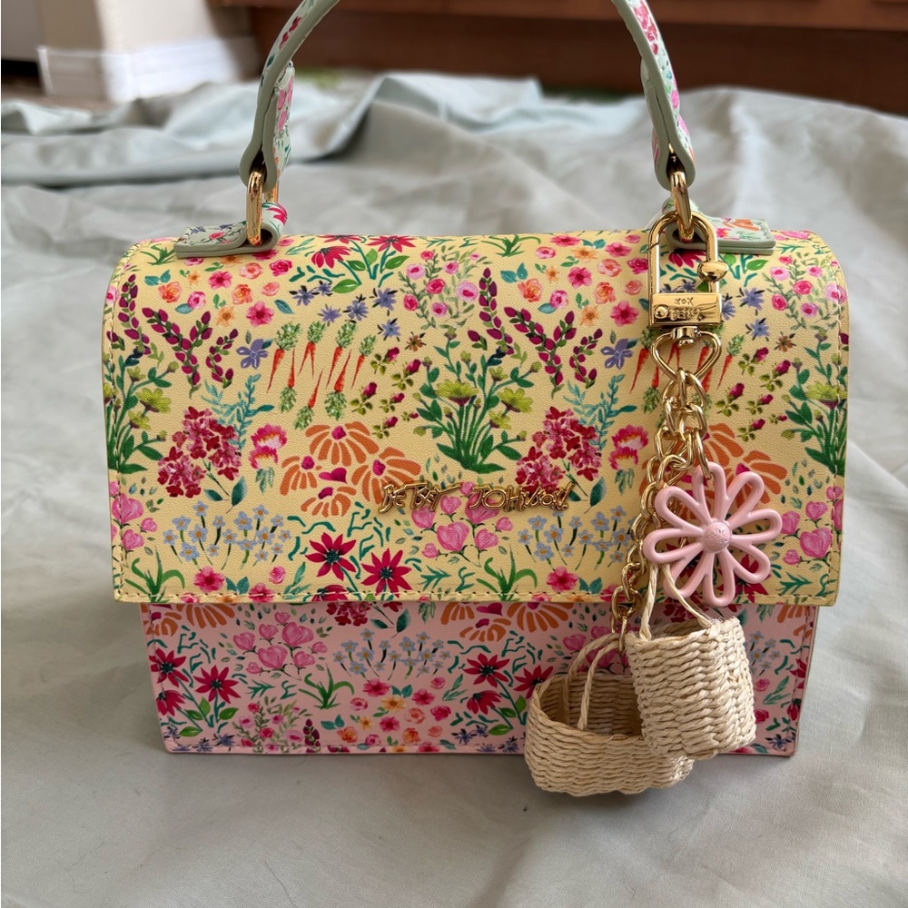 Betsey Johnson Floral Print Top-Handle Bag with Charm - Yellow Pink
